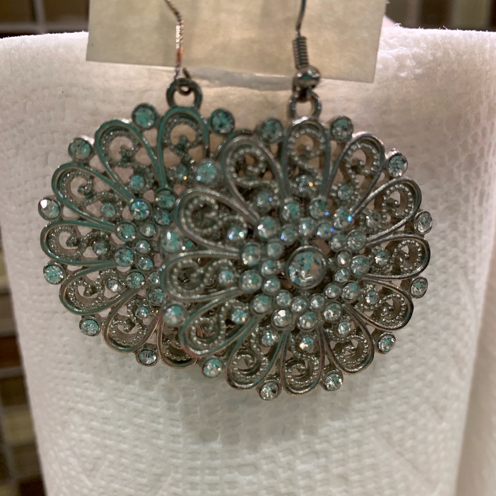 Vintage Crystal Filigree Floral Statement Dangle Earrings Silver - Picture 3 of 6
